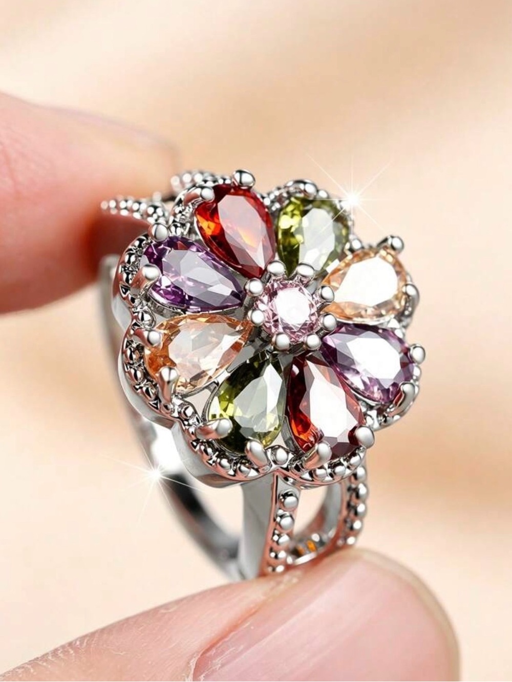 Multicolor Floral Halo Gemstone Ring - Sparkling Silver Tone